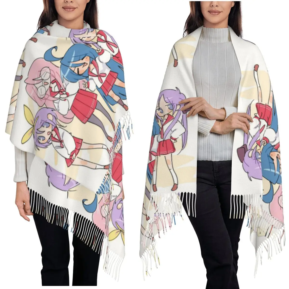 

Милый шарф Lucky Star в стиле аниме, шарфы с кисточками для женщин, мягкие теплые шали и накидки, большая осенне-зимняя шаль