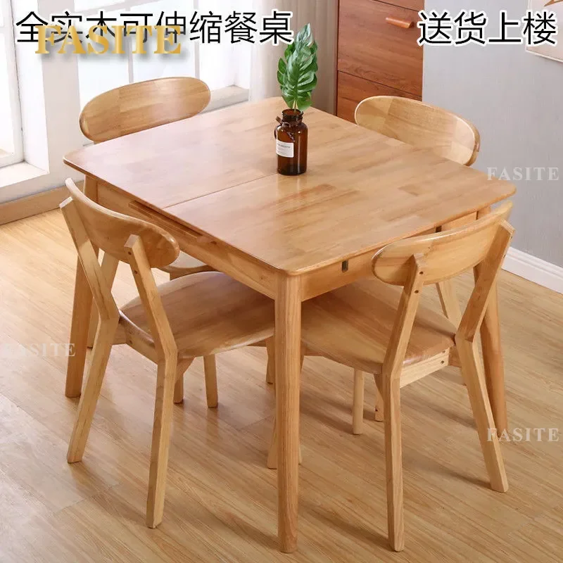 For Nordic All Solid Wood Dining Table and Chair Set Rectangular Folding Retractable Space Saving Design for Small Apartment