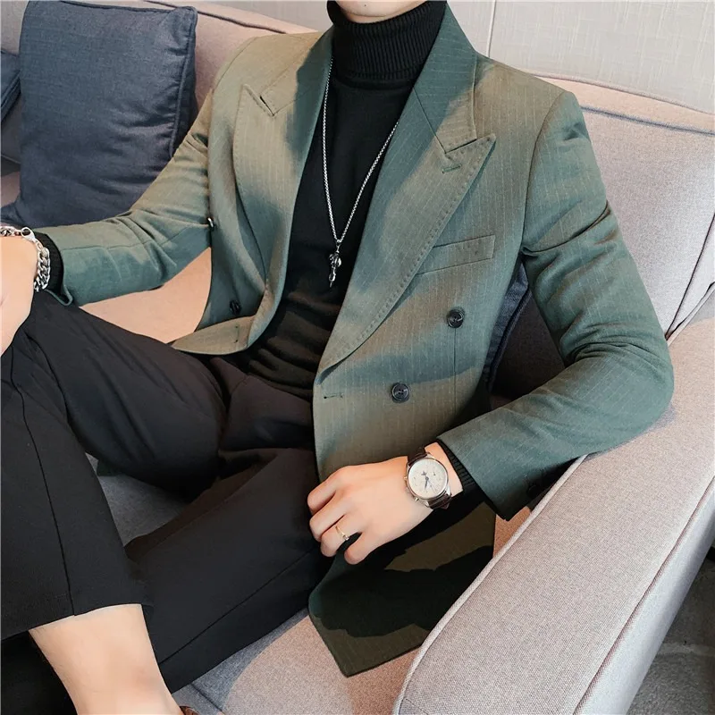 Men's Slim Fit Double-Breasted Blazer - Premium Pinstripe Suit Jacket with Peak Lapel for Business, Office & Formal Occasions