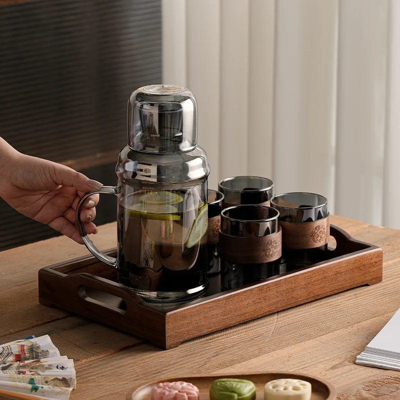 Walnut Tray Glass Water Pitcher Set with Tea Cups Heat Resistant for Home Living Room