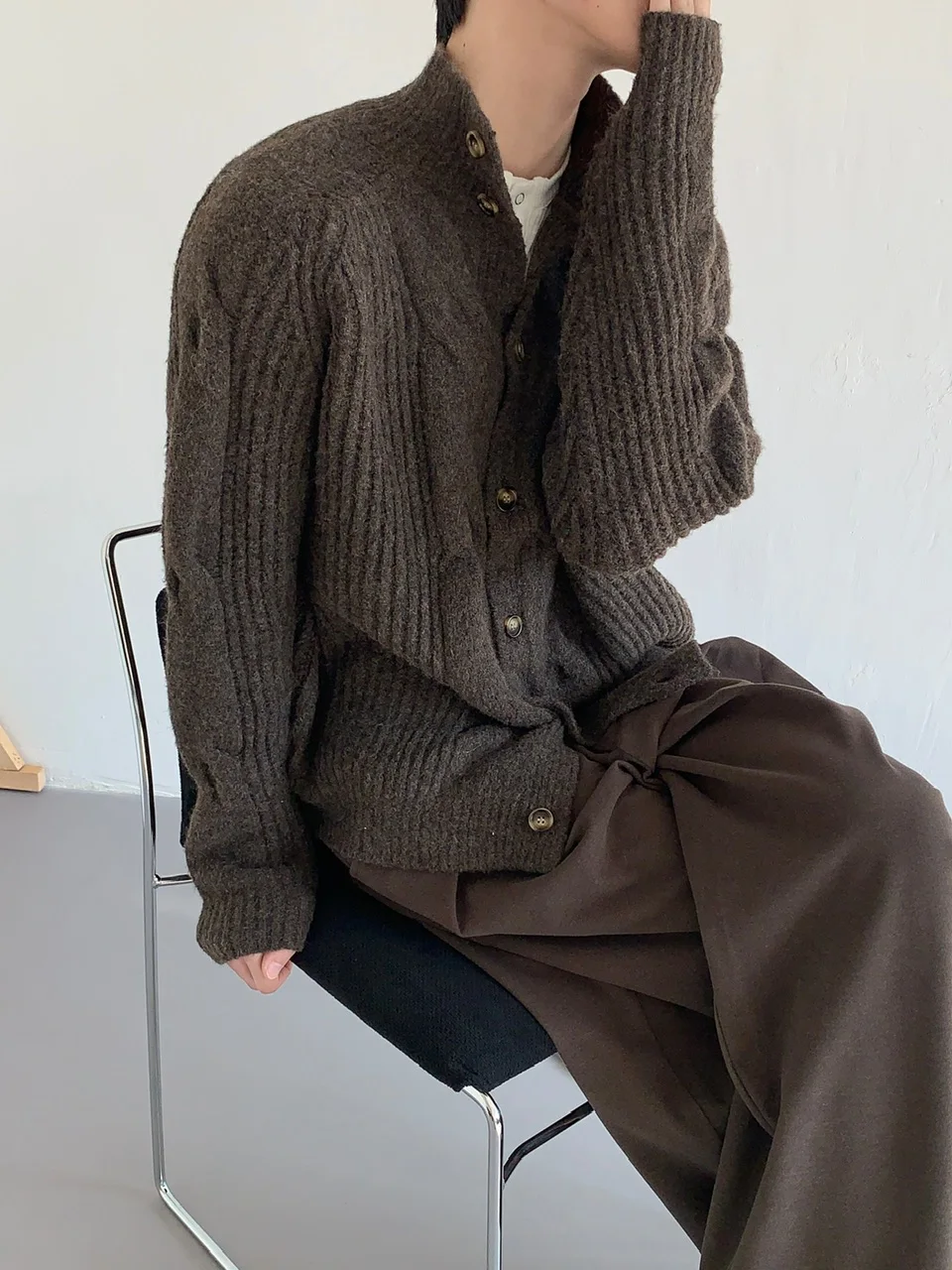 Men's 2025 Winter New Stand Collar Sweaters Men's Retro Button Decoration Cardigan Knitted Jackets Male Solid Color Knitwears