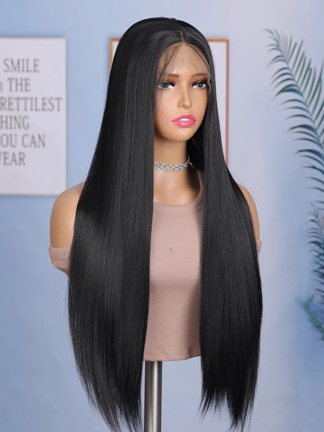 24 Inch Straight Lace Front Chemical Fiber Wigs Black Color Synthetic Straight Hair Wigs For Daily Party Cosplay Wear