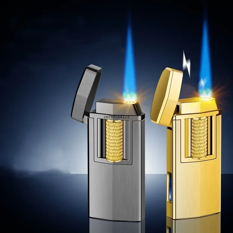 Outdoor Windproof Metal Butane Gas Lighter USB Rechargeable Electric Roller Slide Ignition Blue Flame Turbo Jet Cigar Lighter