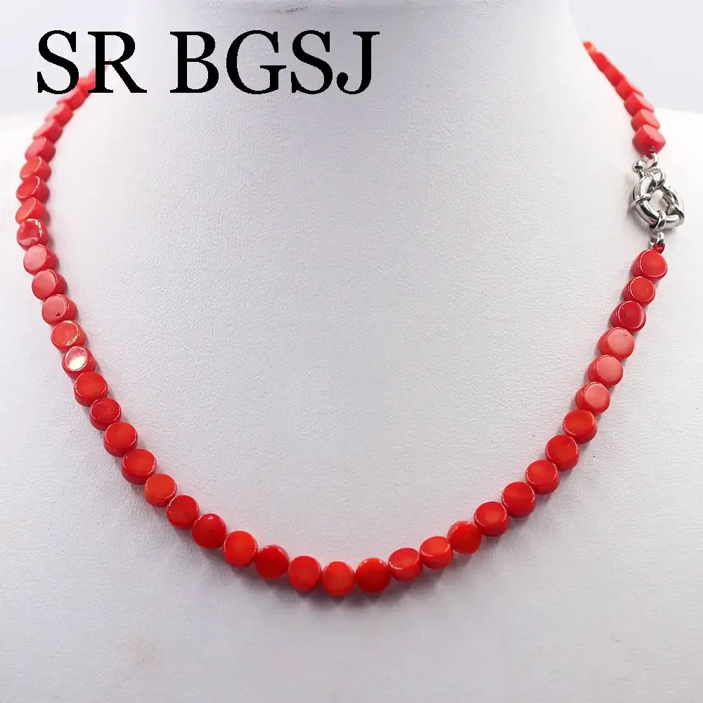 6mm White Red Pink Coin Shape Sea Bamboo Natural  Coral Beads Jewelry Chocker Necklace Strand 17.5\