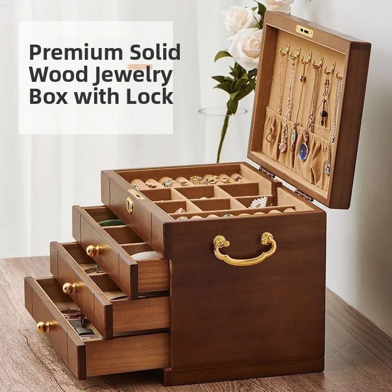 High-End Large Capacity Wooden Jewelry Box with Lock for Wedding Ring Storage Real Wood Material Elegant Design Storage Organ...