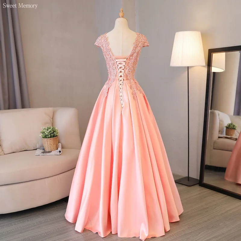 J139 Sweet Memory Pink Graduation Dresses Prom Satin Lace Robe Women Girl Princess Robes Lady Floor Evening Dress Cocktail Party