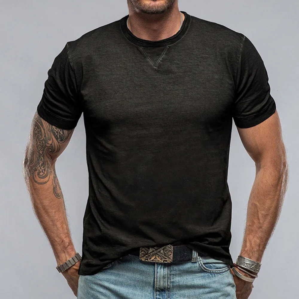 Summer New Men's Solid Color Round Neck Short Sleeved T-shirt, Pure Cotton Men's Top, Sports Commuting Loose Fit