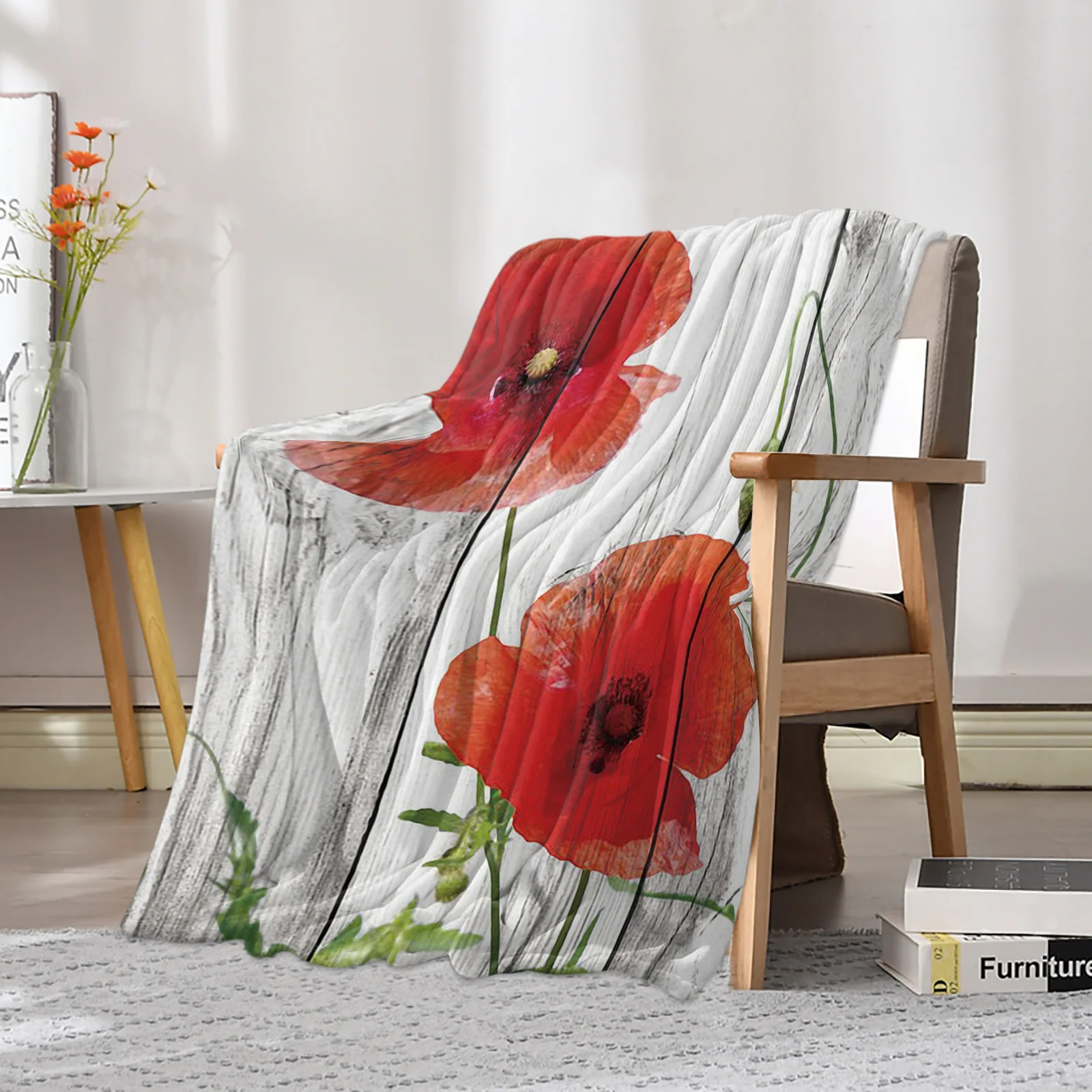 Vintage Wood Red Flowers Poppy Printed Throw Blanket Flannel Fleece Blankets Soft Throws for Sofa Couch Bed Bedroom Bedspread