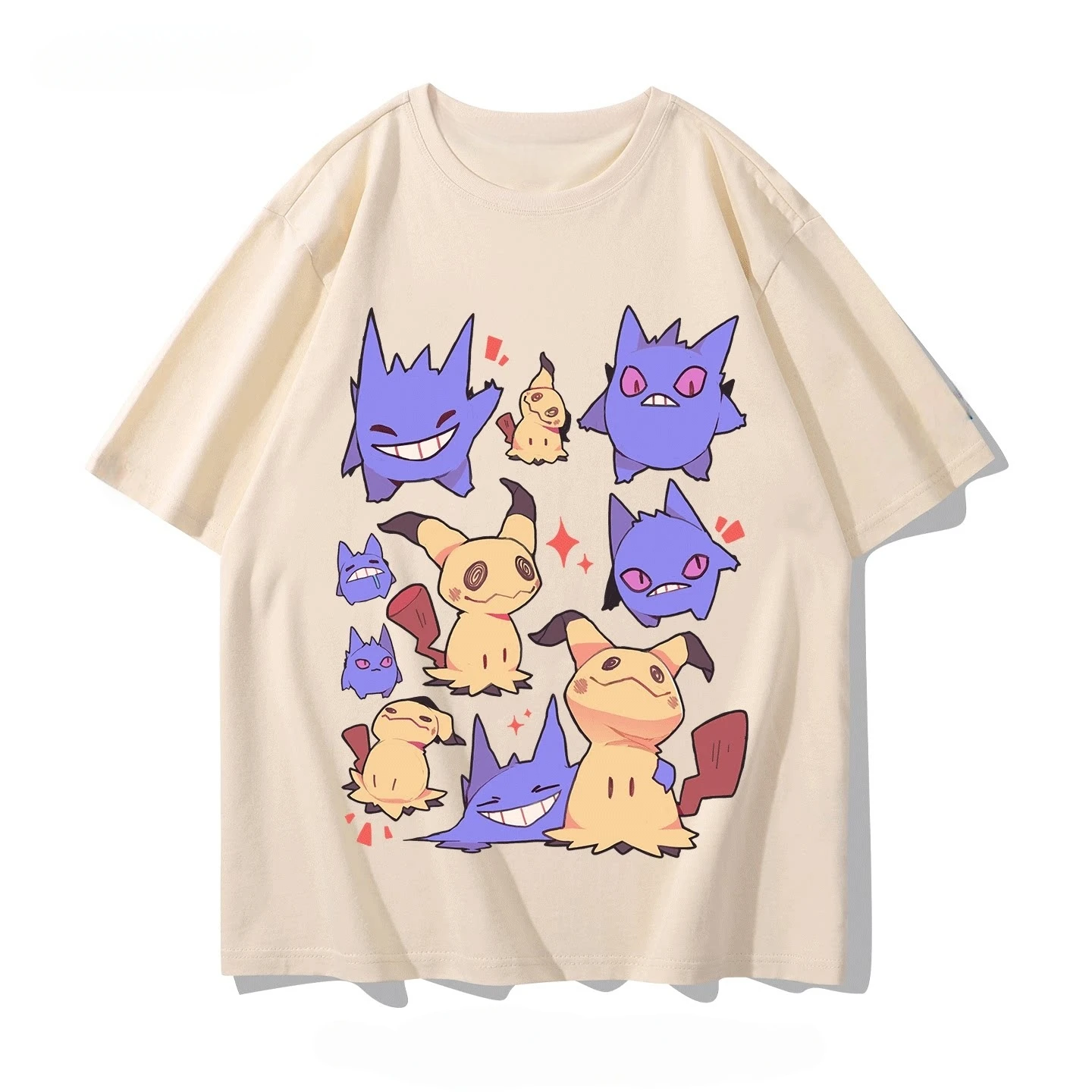 Camiseta de algodón puro con cuello redondo de Pokémon, manga corta de verano para estudiantes, merchandising misterioso Q Geng Gui