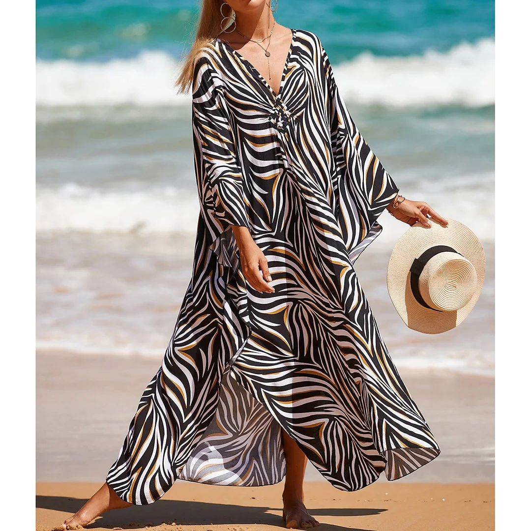 Sexy Tunika mit Zebra-Muster und V-Ausschnitt, Strandkleid, Strandmode, langes Strandkleid für Damen, V4159 – Detail 27