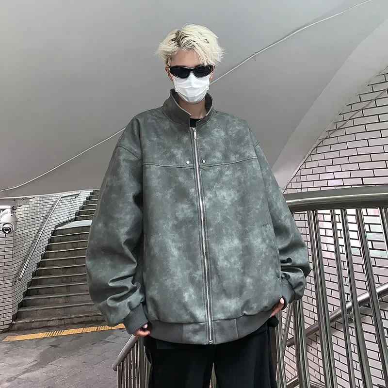 High Street Fashion Turn Down Collar Men's Distressed Suede Jacket Winter Japanese Retro Casual Oversized Motorcycle Jacket Men