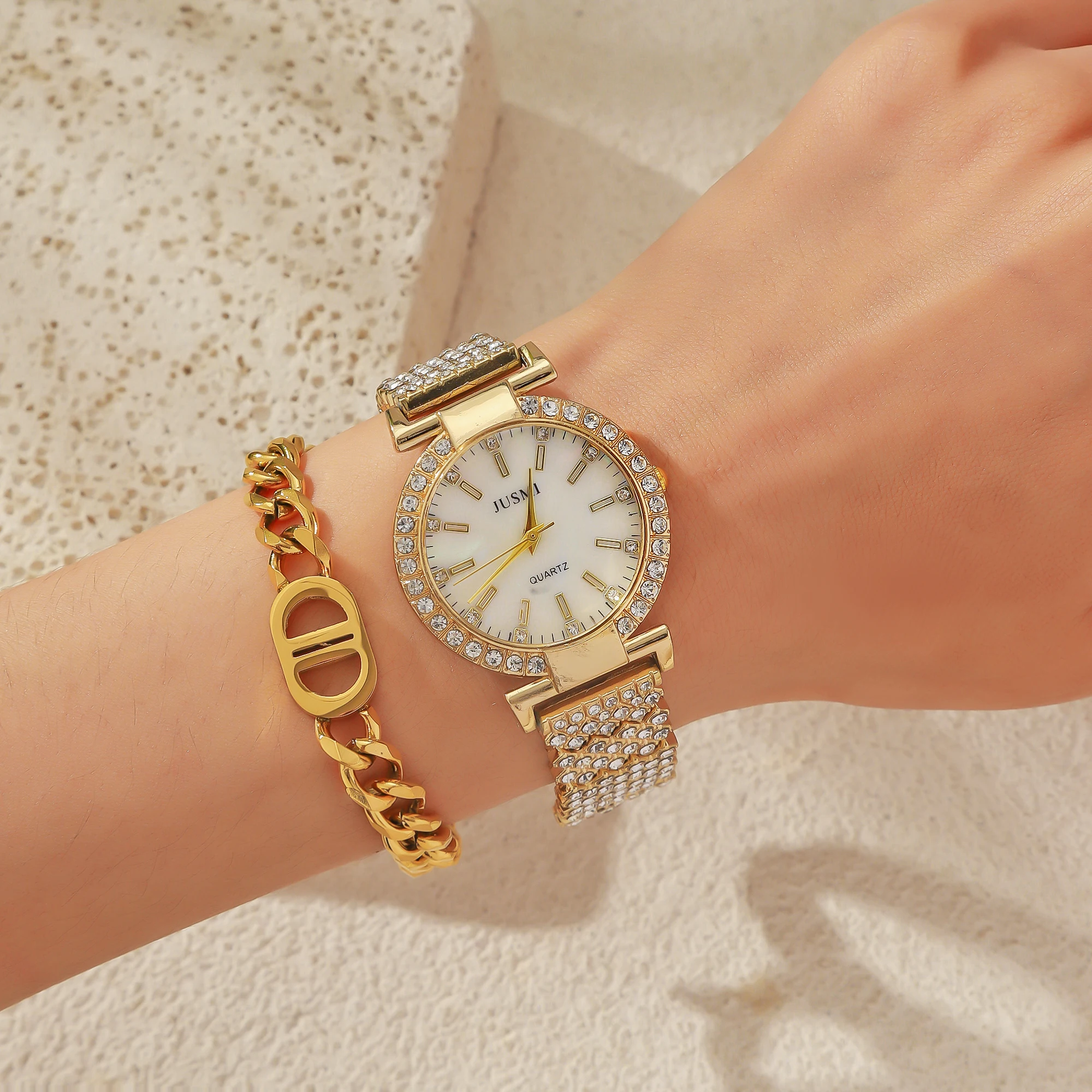 قطعتان/مجموعة ساعات كوارتز بسيطة مستديرة مرصعة بالألماس للسيدات أطقم مجوهرات بسيطة مناسبة لهدايا العطلات