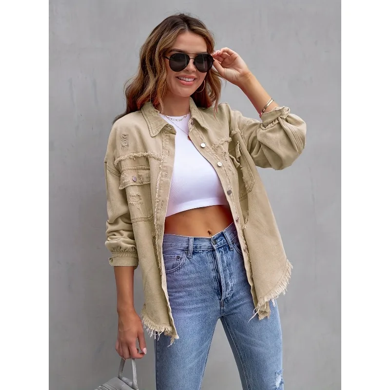 Raw Frayed Hem Denim Shacket Lapel Long Sleeve Button Down Women Oversized Distressed Jean Jacket with Pockets Outerwear 260602