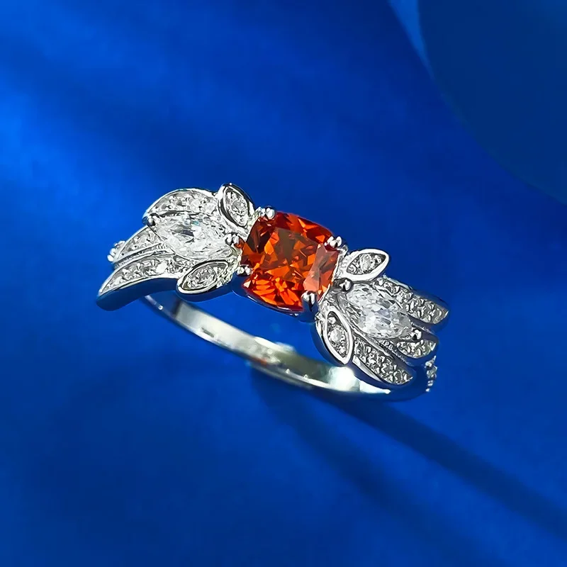 SpringQiaoer 925 Sterling Silver 5MM Orange High Carbon Diamond Gemstone Fine Ring for Women Jewelry Gifts Anniversary