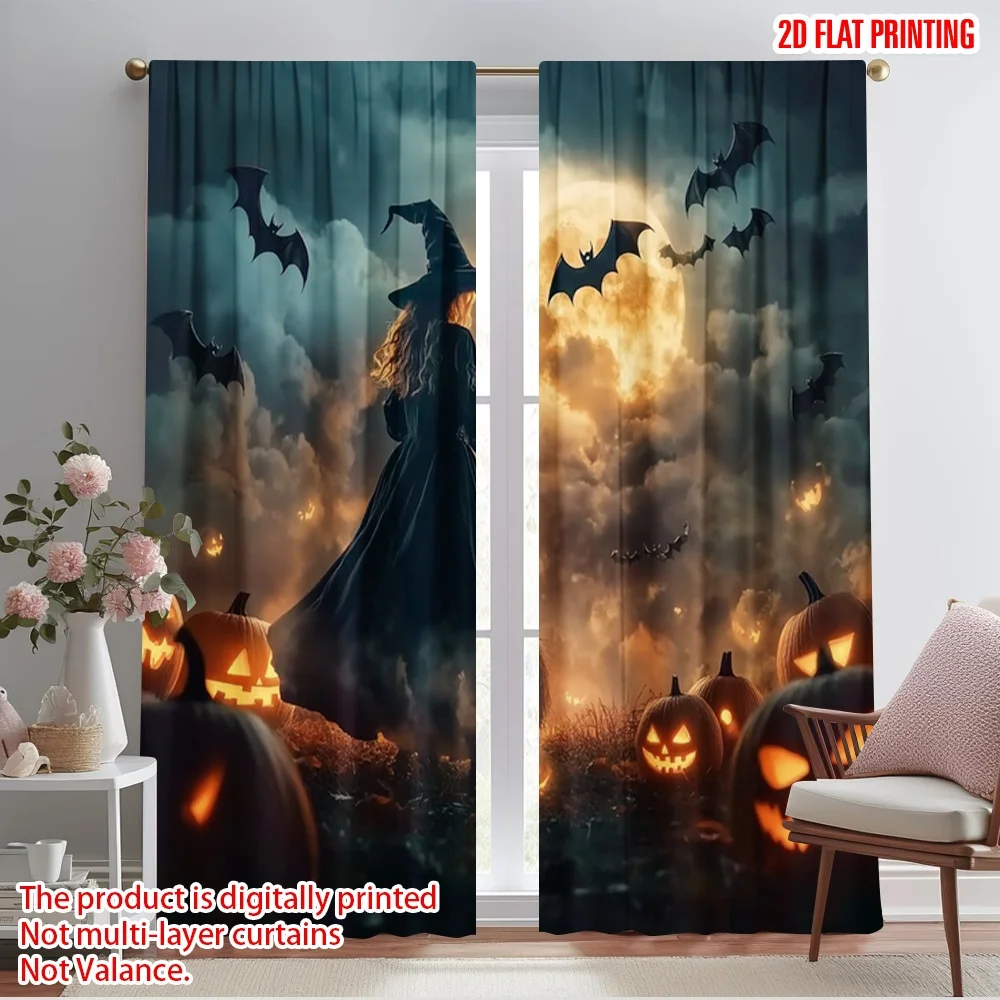 

2pcs 2D flat printing Halloween Party Curtains Lanterns and bats Fabric Without Electricity Family Party for Oversized Outdoor