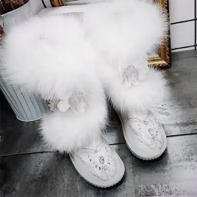 Winter Sweet Girls White Thick Fox Fur Butterfly Crystal Rhinestone Flat Mid-calf Snow Boots Women Round Toe High Top Boots Shoe