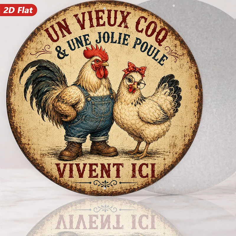 2D Flat, 1pc Round Metal Sign Wall Art, Rustic Farmhouse Style, Rooster And Hen, French Text 
