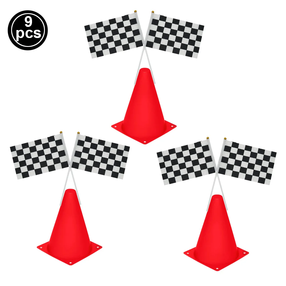 Rennwagen-Partyzubehör, karierte Flaggen, Mini-Verkehrskegel, Rennstrecke, Matte, Tischdecke, Hängeflagge, Rennwagen, Geburtstagsdekorationen
