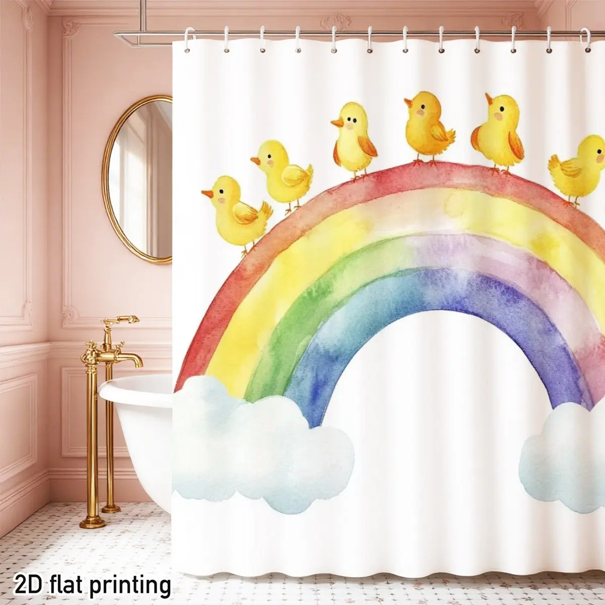 Curtain Polyester Fabric Rainbow Duck Cloud Watercolor Children's Bathroom Decorative Shower Curtain 2D Flat Print