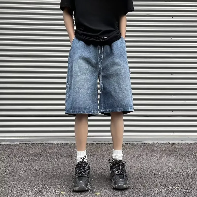 おしゃれなルーズフィットストレートデニムショートパンツシンプル無地カジュアル万能メンズ5点パンツ