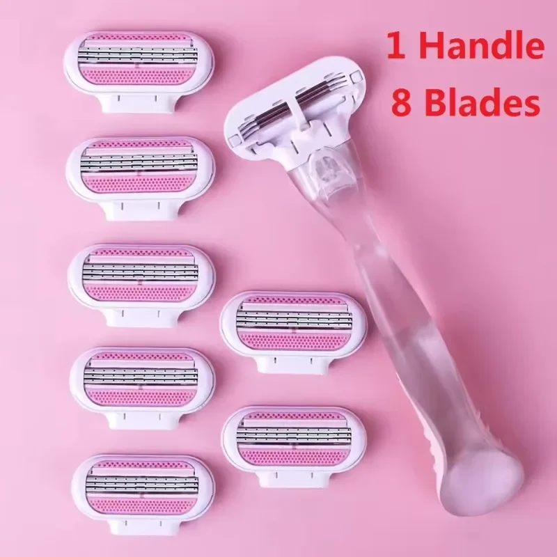 Women Safety Razor Blades Face/ Leg/ Armpit/ Bikini Beauty Hair Removal Shaving Compatible Venus Shaver 1 Handle + 8 Blades