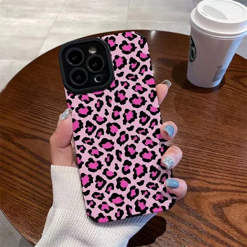 

Pink Leopard Print Phone Case For iphone 14 13 12 11 XR XS Pro Max 14Plus 12 13Mini 7 8 Plus Lense Protection Soft Silicone Case