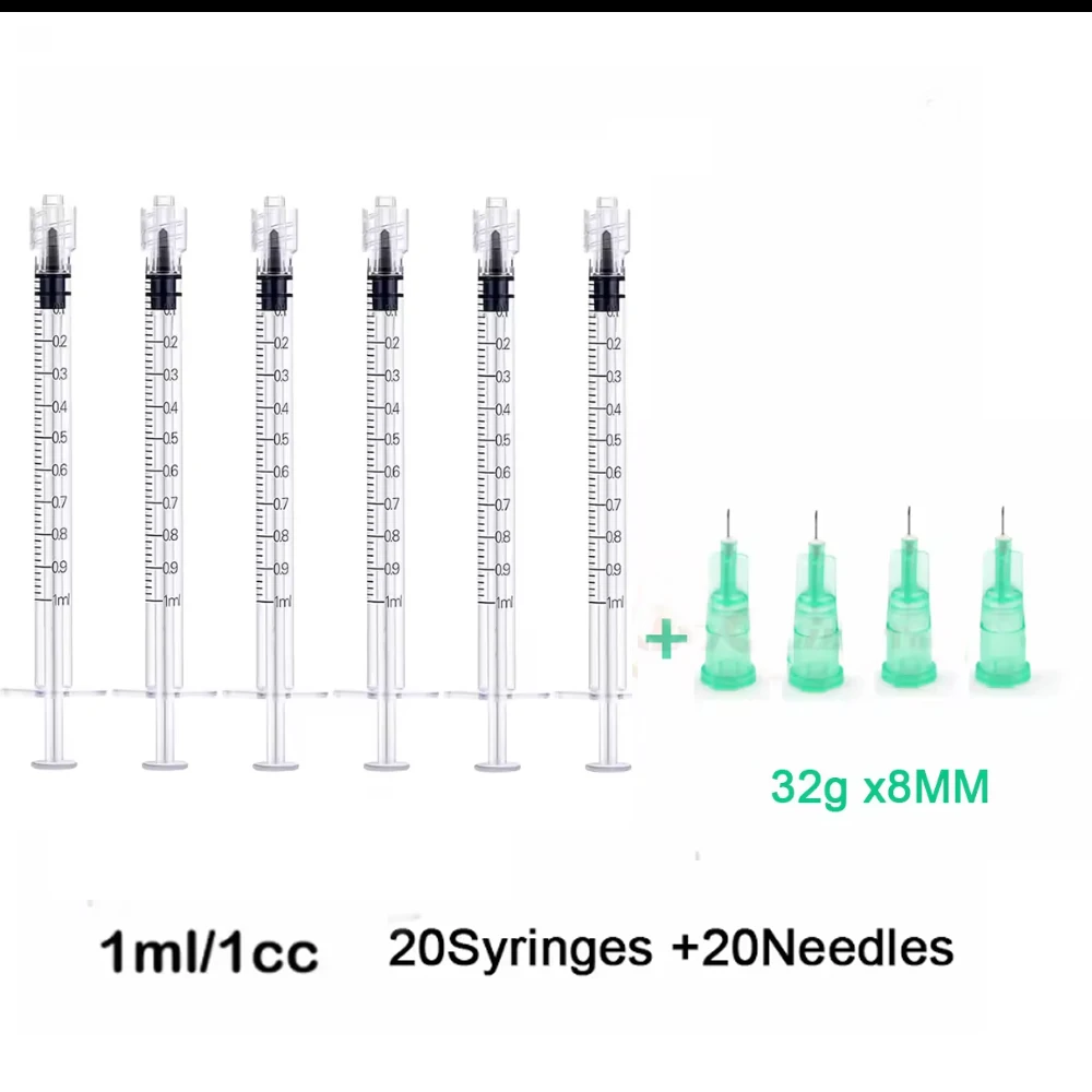 20PCS/SET 1ml Luer Lock Syringe + 30G 4MM Painless Small Needle 32G4mm 32G6mm 30G4mm 32G13mm 30G25mm Sharp Eyelid Tattoo needles