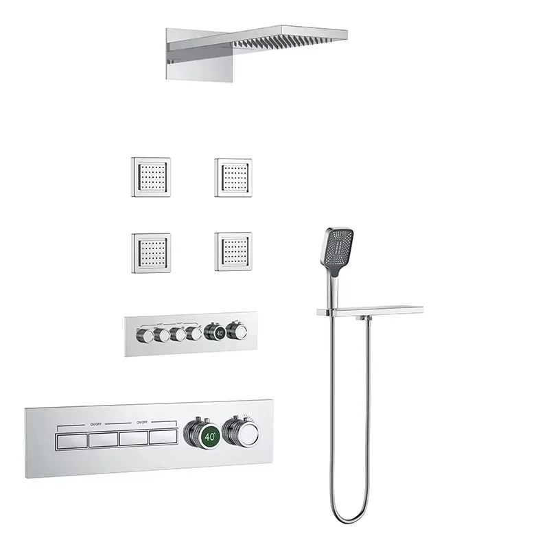 Multifunctional Bath Hidden Shower System Massage Jet Bath Wall Rain Shower Set with 5-way Thermostatic Mixer Kit