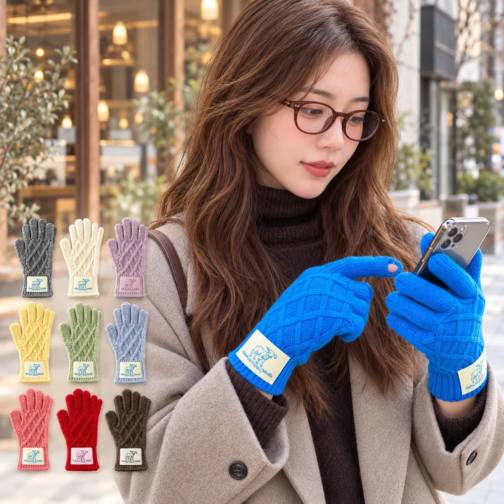 Women Winter Diamond Cable Knit Gloves Full Finger Hidden Finger Slit Gloves for Phone Use Ribbed Cuff Outdoor Handwear