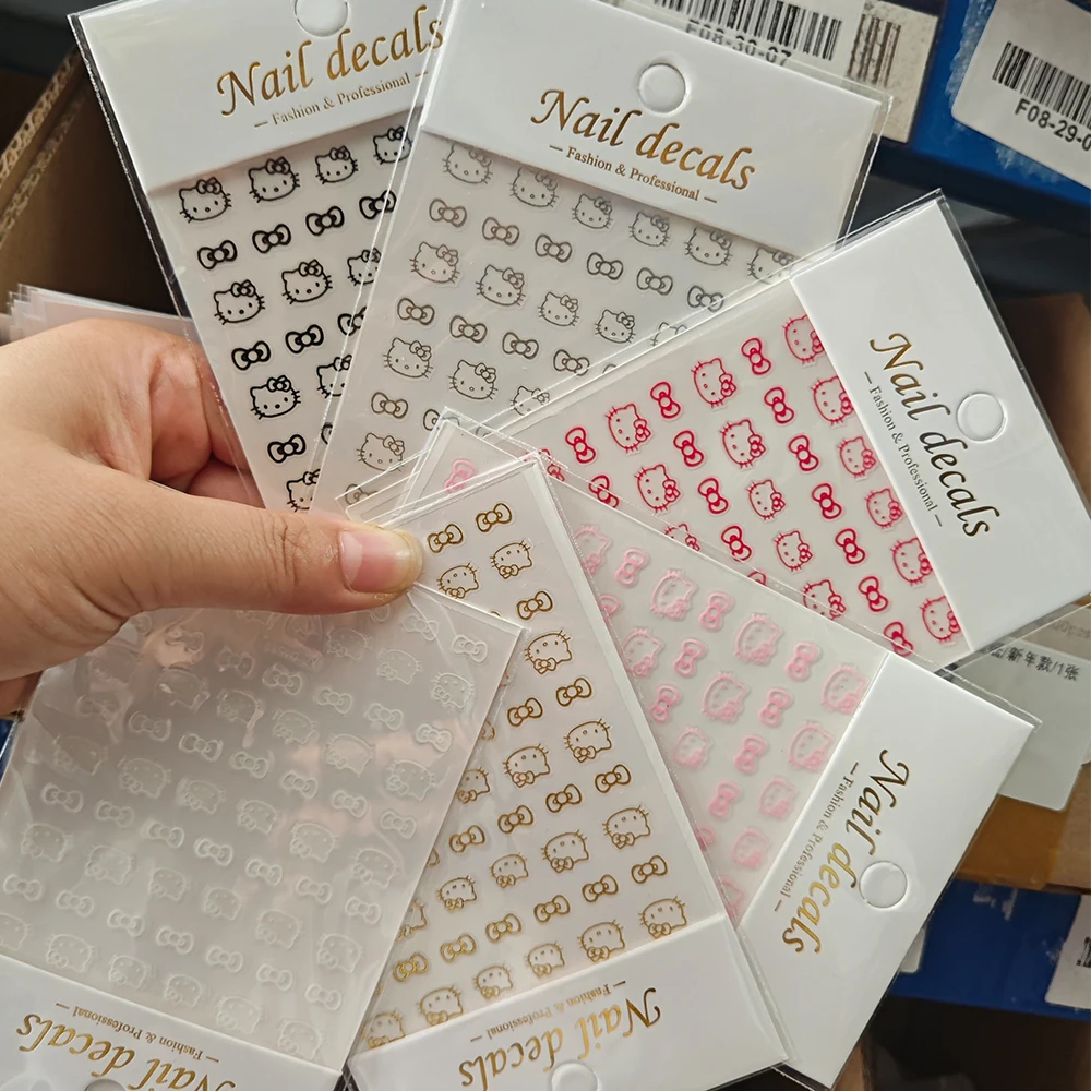 6 Stück 3D Hello Kitty Nail Art Aufkleber Rot/Rosa/Gold/Silber Schleife Kitty Katzenkopf selbstklebende Abziehbilder DIY Slider Maniküre Dekoration