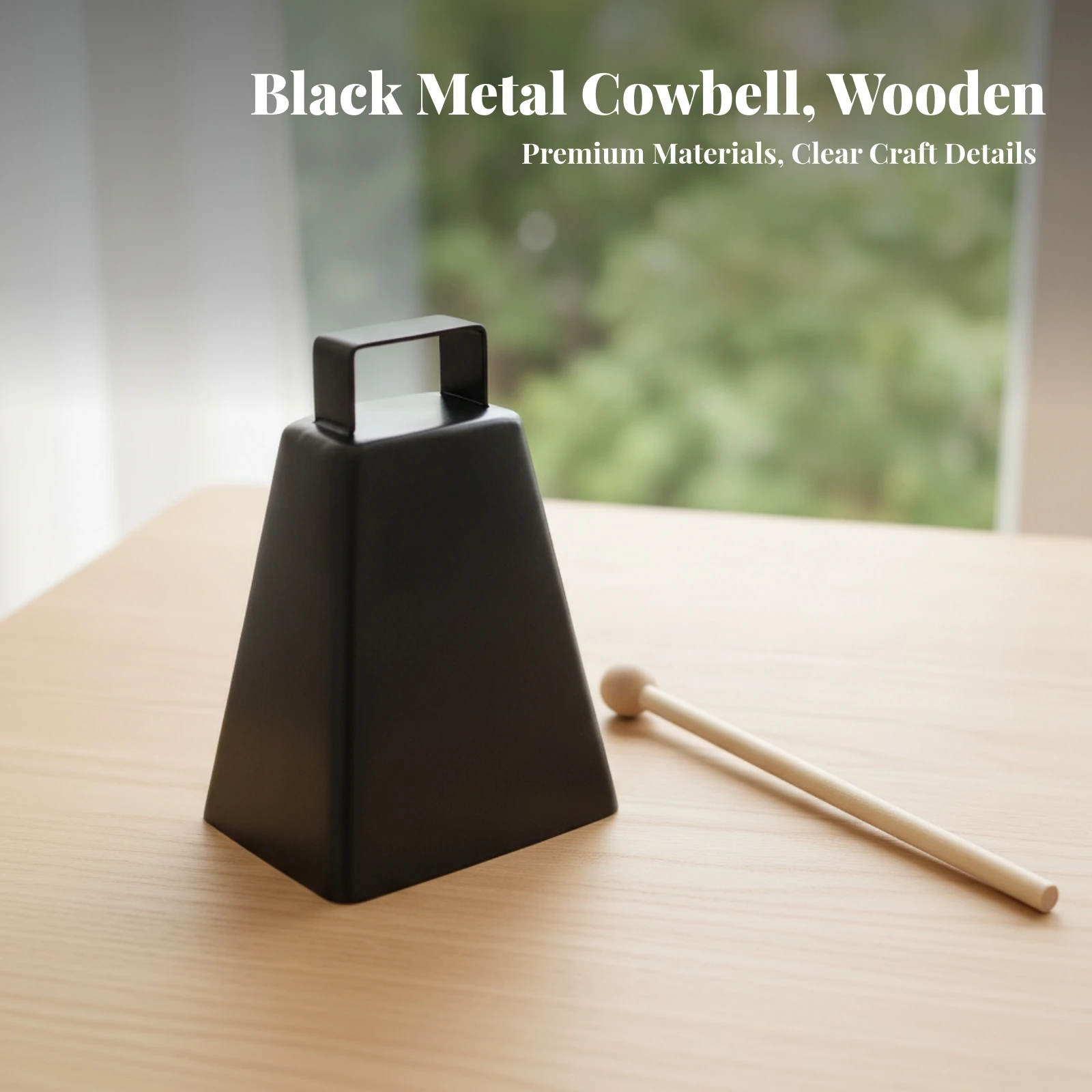 Cowbell with Mallet Rectangular Handle Hand Cowbell Percussion Instrument Black Coating Sound Maker Stage-Proof Durability