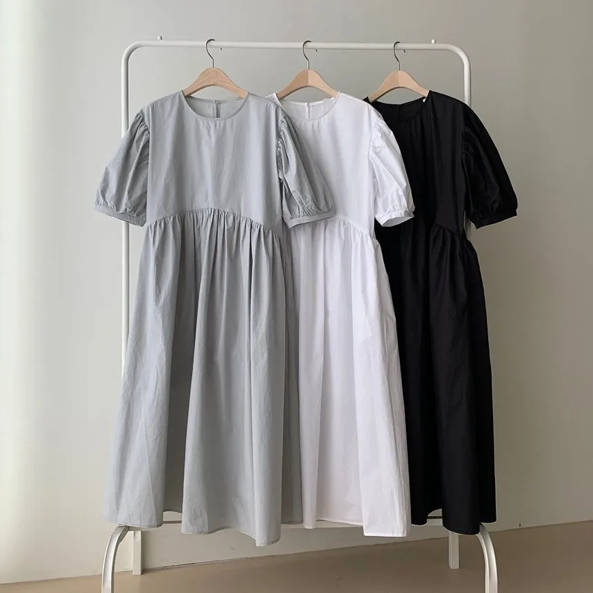 First Love Leisure Feeling Academy Style Bubble Sleeve Shirt Dress Student Summer Loose and Slim A-line Long Dress