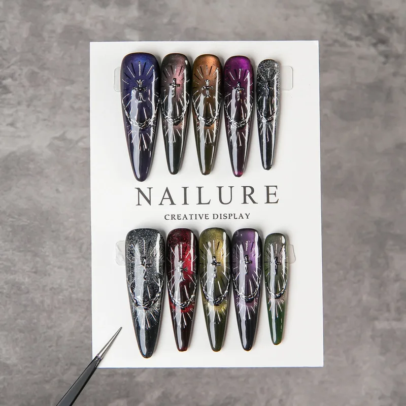Gothic Cross Metal Press On Nails Extra Long Stiletto Fake Nails Multicolor Cat Eye Glossy False Nail Tips Women Punk Party DIY