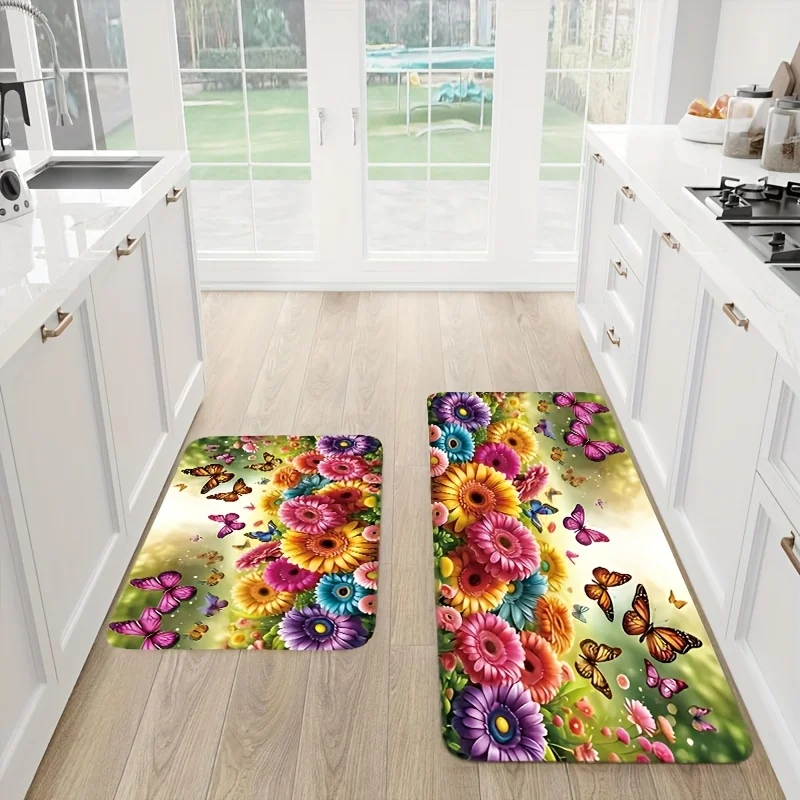 Bunter Blumen-Küchenteppich, Schlafzimmer, Wohnzimmer, Esszimmer, Flanell-Bodenmatte, einfacher Anti-Rutsch-Teppich für den Eingangsbereich