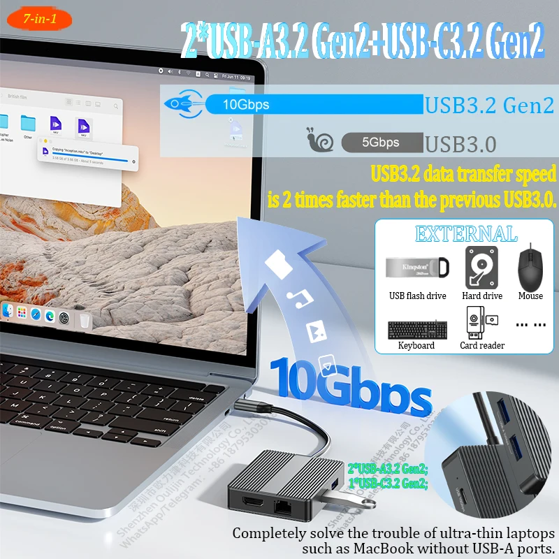 USB C Hub 7-In-1 USB3.2 Adapter Type C Hub Laptop Docking Station with 4K 60Hz Dual HDTV RJ45 Ethernet PD Fast Chargin for Mac