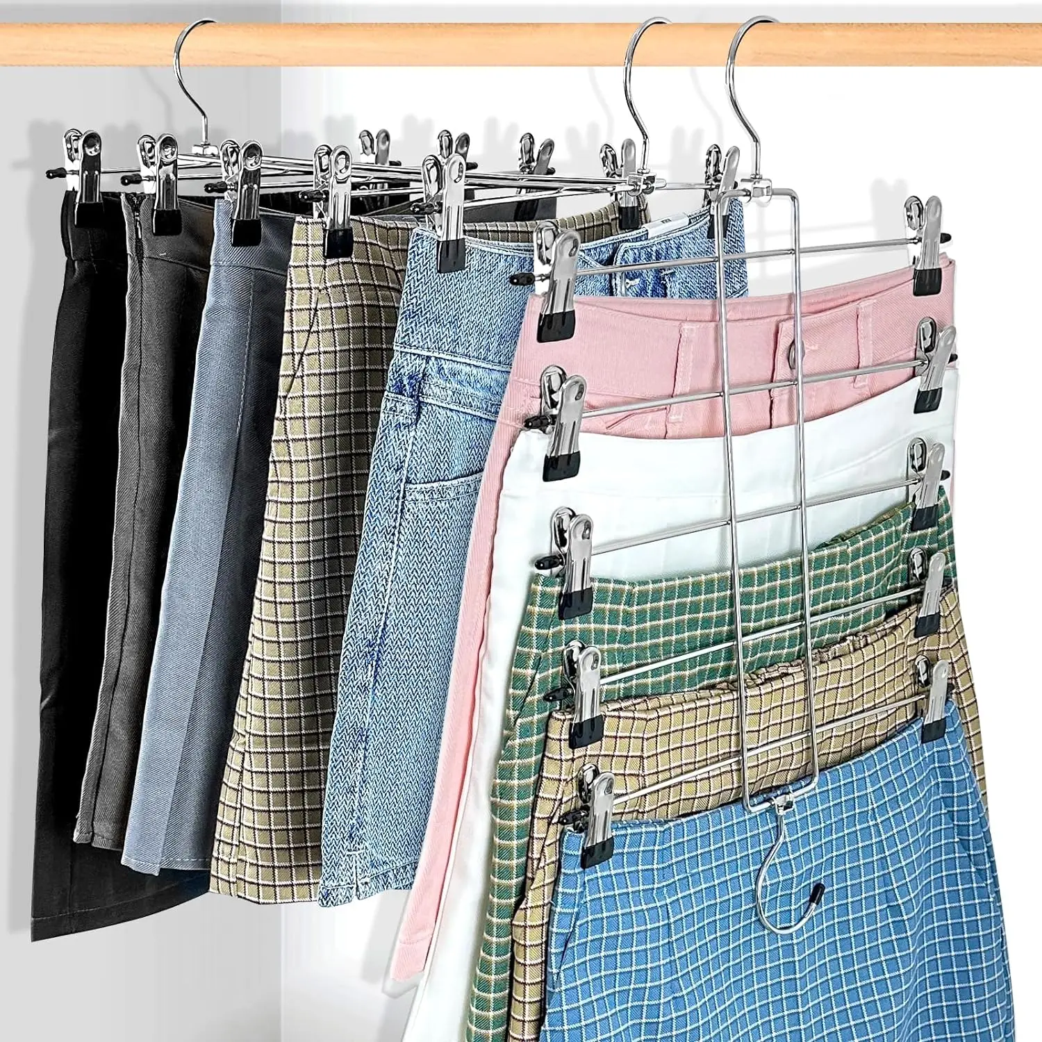 

2 Pack Skirt Pants Hangers Magic Space Saving with Clips 5 Tier Closet Organizers and Storage for Skirt,Trousers,Jeans,Legging