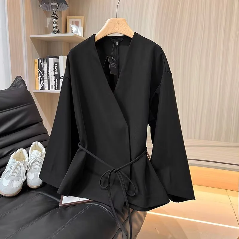 

Dave&Di 2026 Spring Shirts & Blouses Women's Clothes Shirts French Minimalist Black Cross-wrap Shirt Kimono Blouse Pullover Tops
