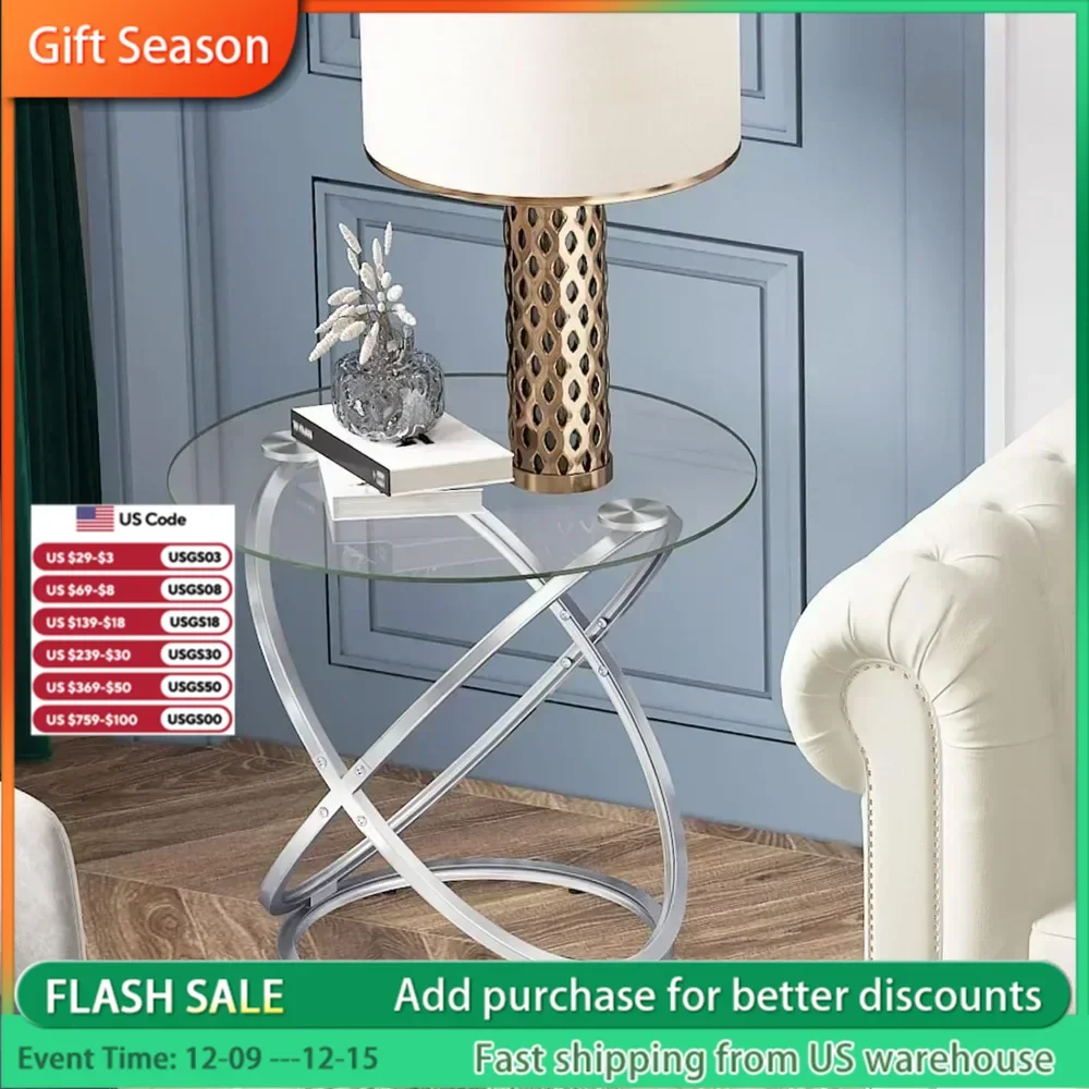 Glass Round End Table, Modern Contemporary Side Table for Small Space with Tempered Glass Tabletop For Living Room Chrome Finish