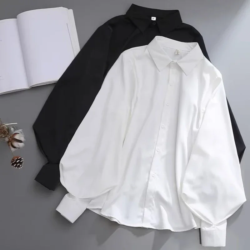 Chiffon Casual Women's Shirts Spring/summer New Solid Korean Clothing Sales Loose Fit Long Sleeves Top Polo Neck Women Blouses