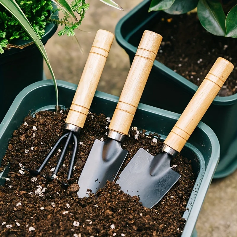 3pcs Garden Tool Set with Wooden Handles,Tip Shovel & Large Shovel for Succulent Planting, Digging & Gardening