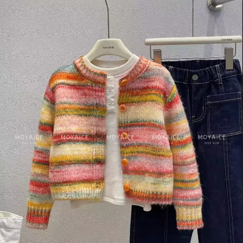 

Girls 2024 New Autumn Fashion Casual Classy Sweet Cardigan Striped Knit Overcoat Tops Versatile Knitted Coat Toddler B12