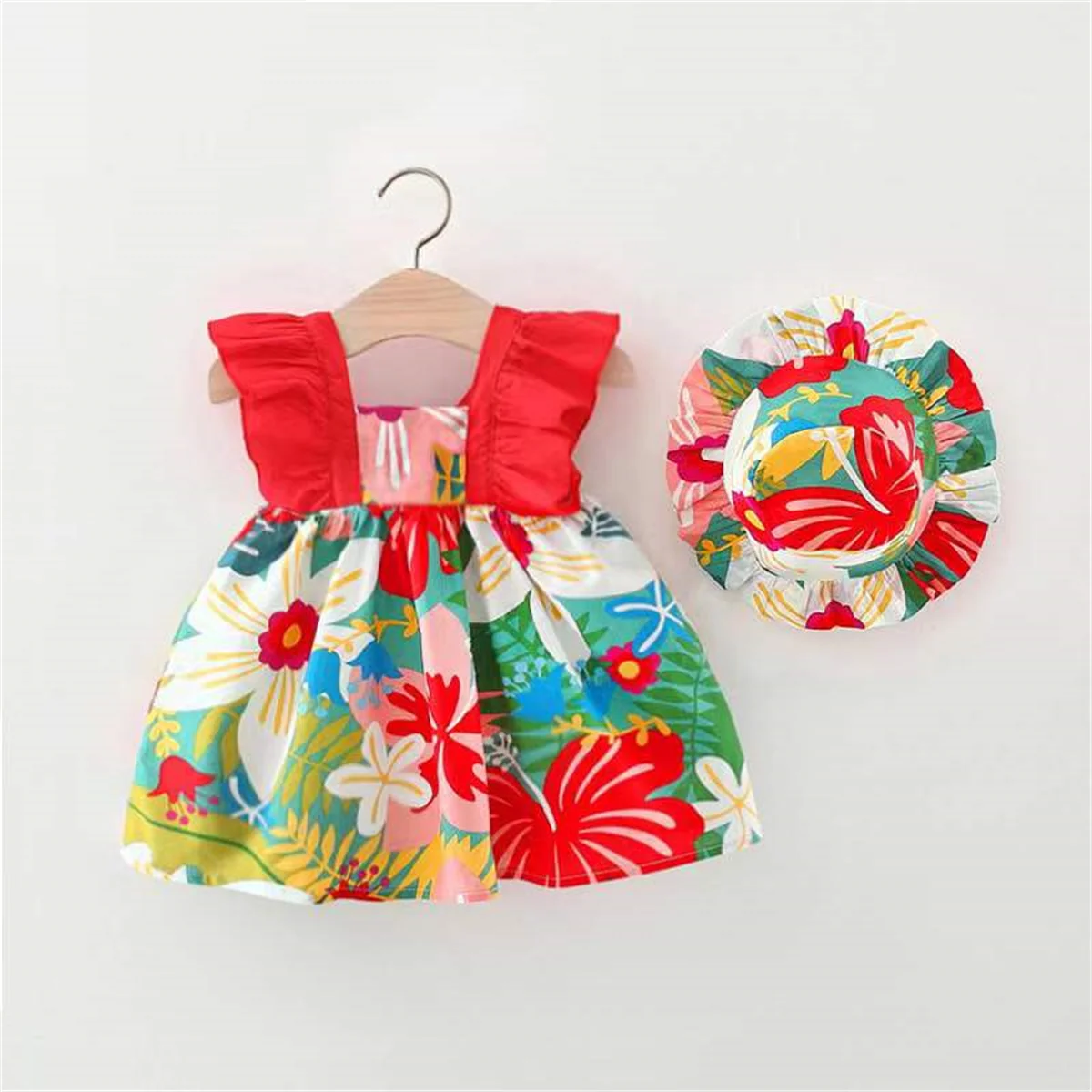 2/Piece Baby Flower Sleeveless Dress+Hat Girl Baby Tropical Print Princess Clothing Girl Comfortable Summer