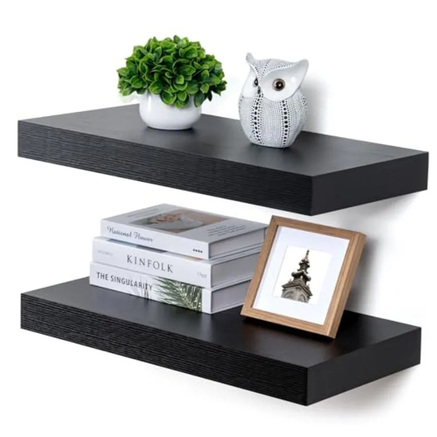 

Deep Floating Shelves for Living Room Bathroom Laundry Room Kitchen Rustic Wood Black 24 Inch W x 12 Inch D Set of 2