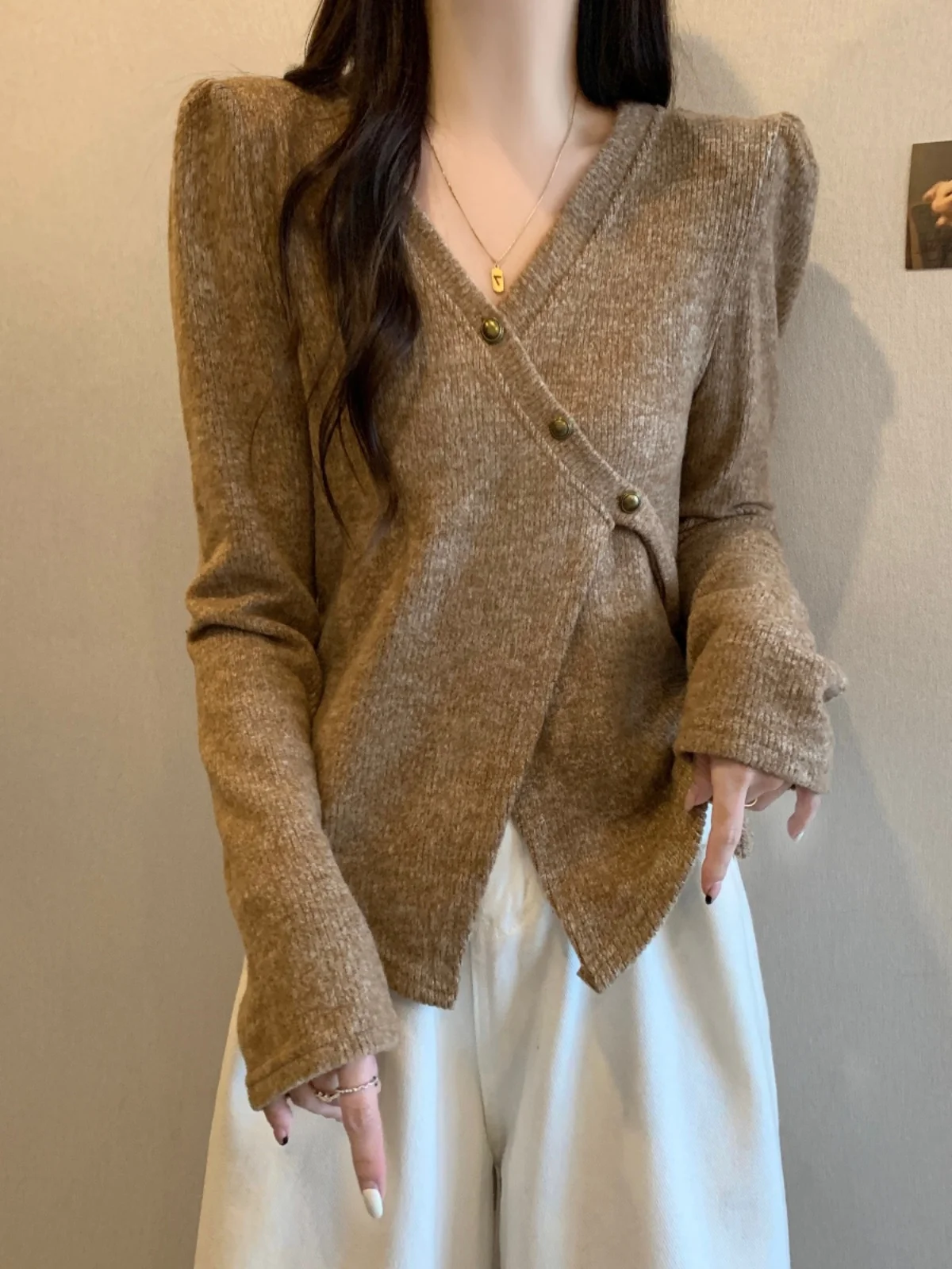 

plus Size V-Ne Asymmetrical Tie Knitwear Women's Spring Autumn Slimming Belly Covering Base irt Top Retro Fit Sle