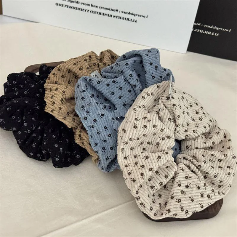 Autumn Winter New Style Corduroy Floral Scrunchies Oversized Velvet Black Hair Ties Ropes Women Young Girls Elegant Hair Bands