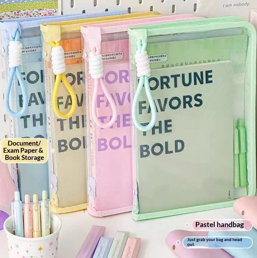 Document Bag Transparent with Handle Zipper Hard Shell File Folder for Students Test Paper Organizer Cartoon Design Storage