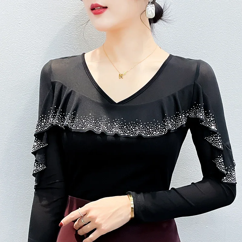 Women's Fashion Rhinestone Long Sleeve Top, Sparkly Glitter Dance T-Shirt, V-neck Slim Fit Tee, Spring Summer Going Out Top