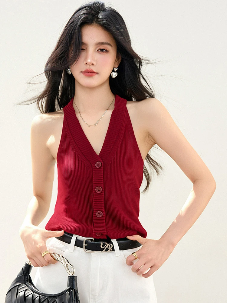 ソリッドカラーニットベスト女性のための 2025 夏の新 V ネックノースリーブトップス韓国スタイルのファッションタンクトップ