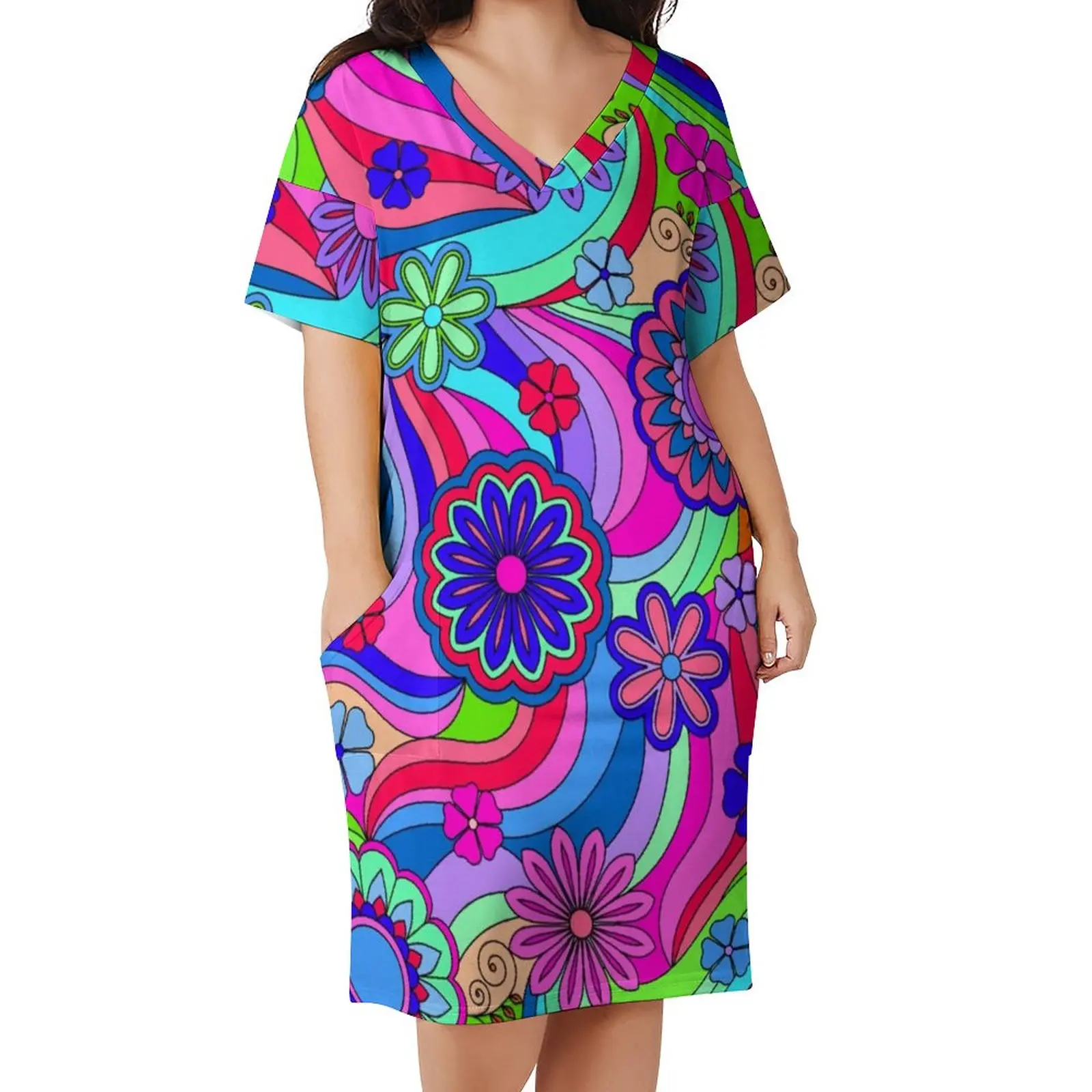 Hippy Flower Power Casual Dress Women Colorful Floral Print Sexy Dresses Holiday V Neck Aesthetic Graphic Dress Big Size 4XL 5XL