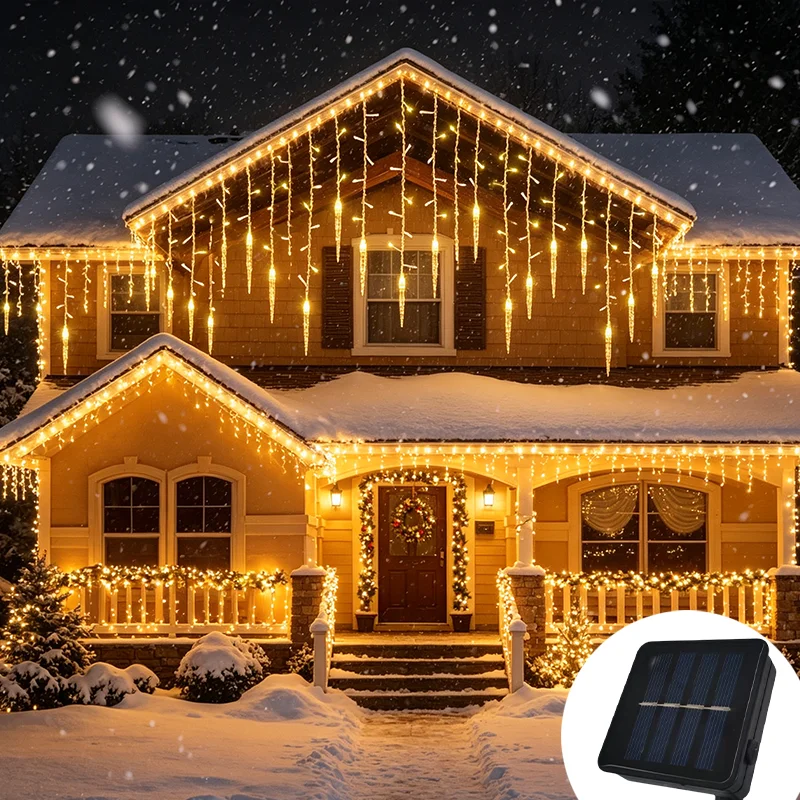 LED Solar Icicle Curtain String Lights Outdoor Garden Wedding New Year Decor 0.5M 0.6M 0.7M Christmas Droop Lighting
